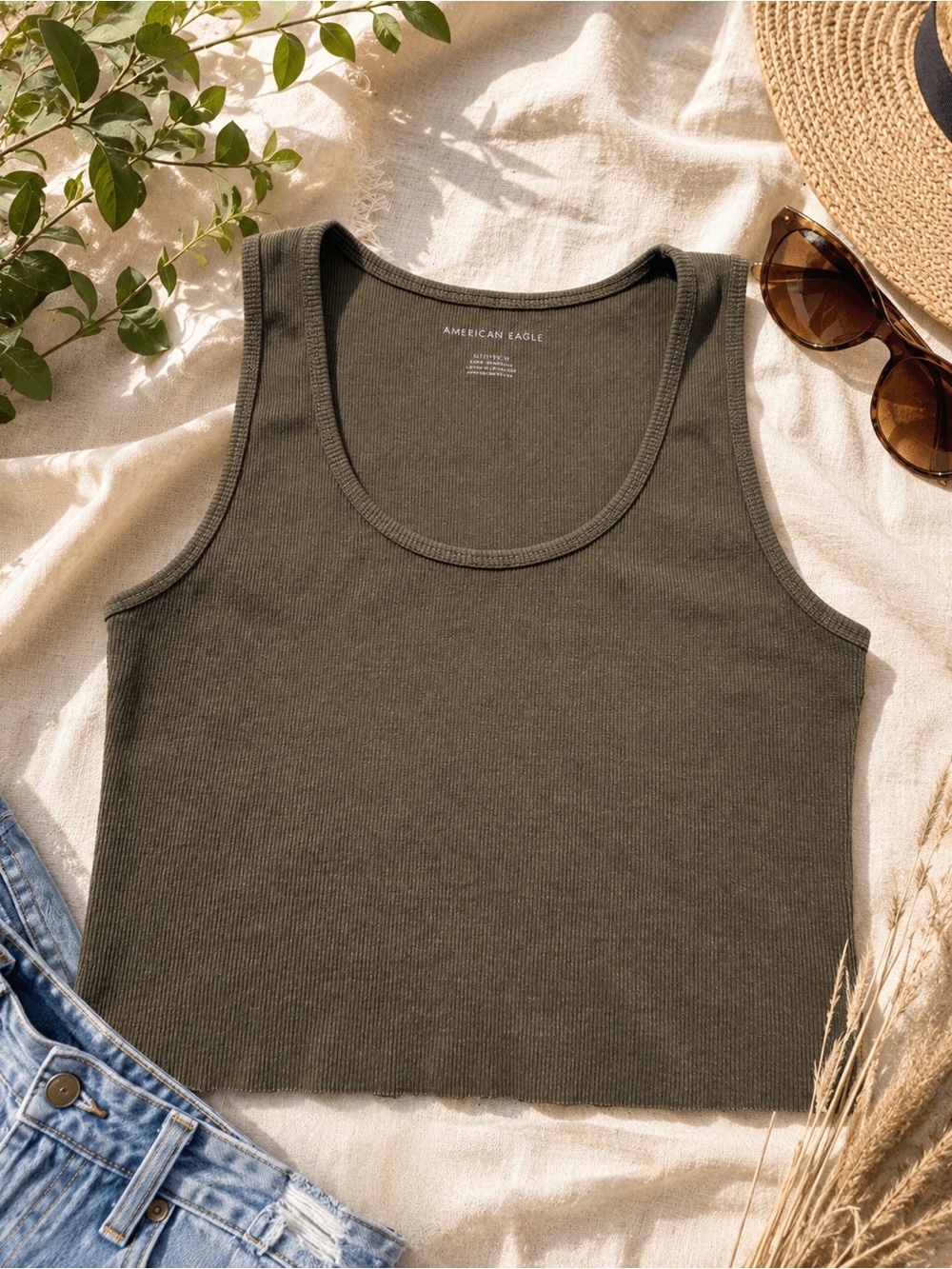 American Eagle Ribbed Crop Tank Top Olive Green Sleeveless XS Stretch Casual